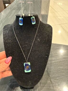 Handcrafted Blue-Green Resin Pendant Necklace and Earrings Set